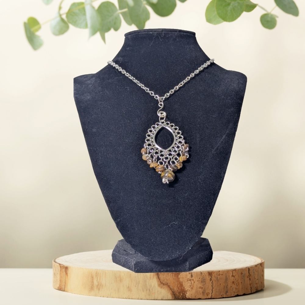 Vintage Silver-Tone Filigree Pendant Necklace with Tumbled Tiger's Eye Stones